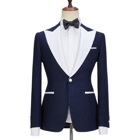 Stylish Navy Blue Slim Fit Peaked Lapel  Three Pieces Men suits | Happnessmall_4