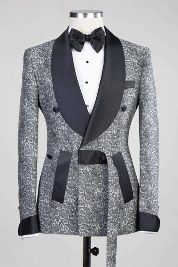 Advanced Gray Double Breasted Jacquard Wedding Men Suits with Black Lapel_5