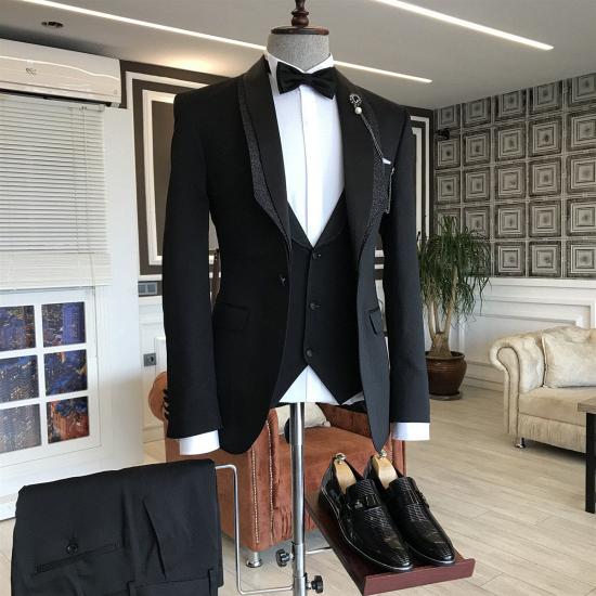Markos Stylish Black Shawl Lapel One Button 3-pieces Wedding Tuxedos_2