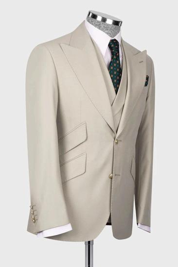 Stylish Cream 3 Piece Peaked Lapel Slim Fit Men Suits With Classic Vest_3