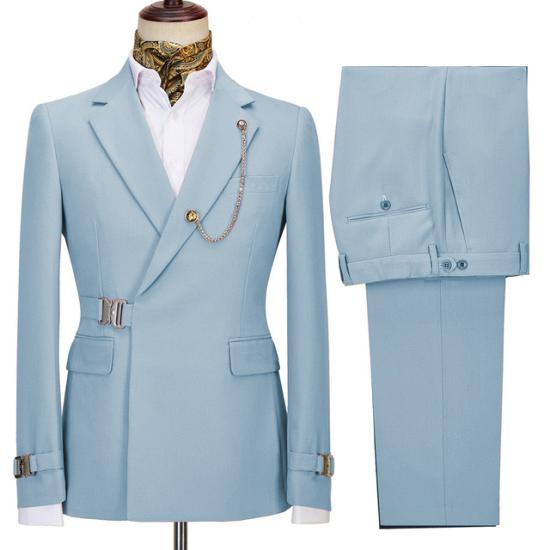 PopularSky Blue Notched Lapel Two Pieces Business Men Suits with Buckle_2