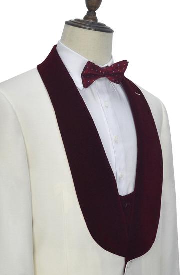 Sullivan Velvet Shawl Collar White Three Piece Wedding Tuxedos with Burgundy Vest_6