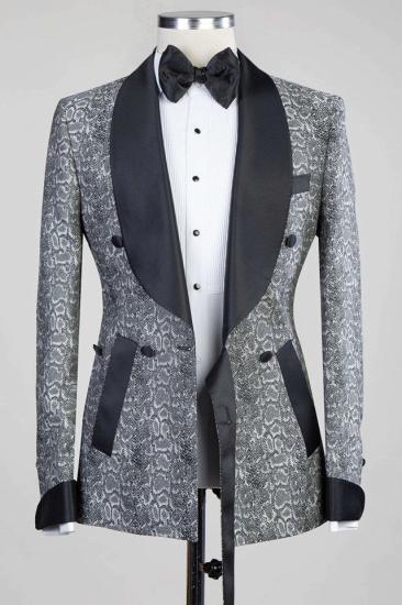 Advanced Gray Double Breasted Jacquard Wedding Men Suits with Black Lapel_3