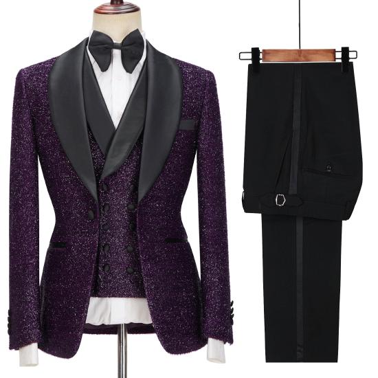 Fashionable Bespoke Dark Purple Sparkle Shawl Lapel 3-Pieces Men Suits | Happnessmall_5