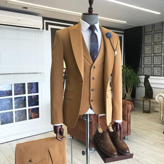 Phoenix Handsome Gold Brown Slim fit Three Pieces Men's Suits_2