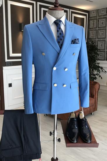Newest Solid Blue Peaked Lapel Double Breasted Business Men Suits | Happnessmall_1