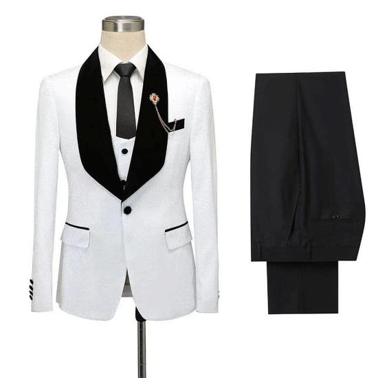 Classic white single button men's suit | Black lapel jacquard wedding suit_5
