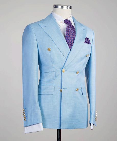 Elegant Shape Sky Blue New Arrival Peaked Lapel Double Breasted Two Pieces Prom Suits_2