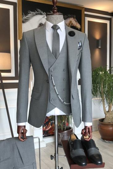 Elegant Dark Gray Peaked Lapel Formal  3-Pieces Suits For Men | Happnessmall_1