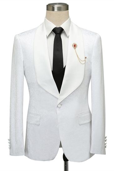 Fashionable white jacquard slim fit shawl with lapel and single button men's set