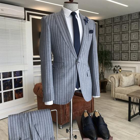 Stylish Gray Striped Peaked Lapel Slim Fit Formal Business Men Suits_2