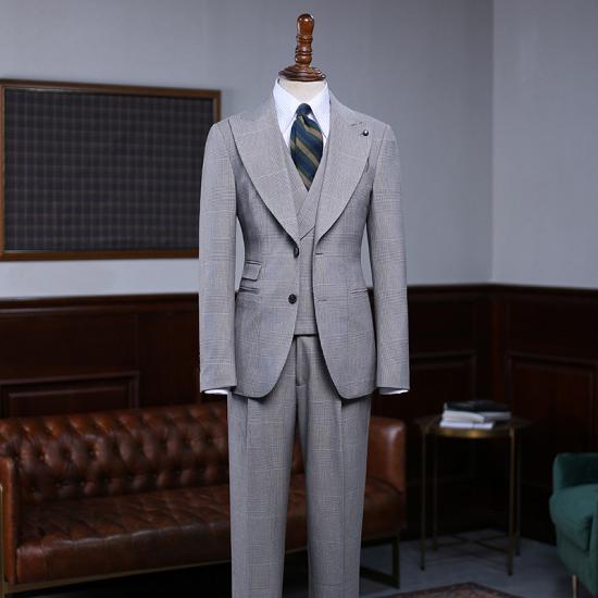 Maverick Popular Gray Plaid Slim Fit 3 Pieces Business Suit For Men_2