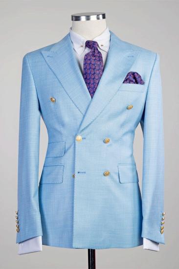 Elegant Shape Sky Blue New Arrival Peaked Lapel Double Breasted Two Pieces Prom Suits