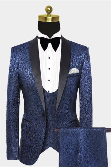 Chic Navy Blue Jacquard Damask Tuxedo | Modern Three Pieces Men Suits