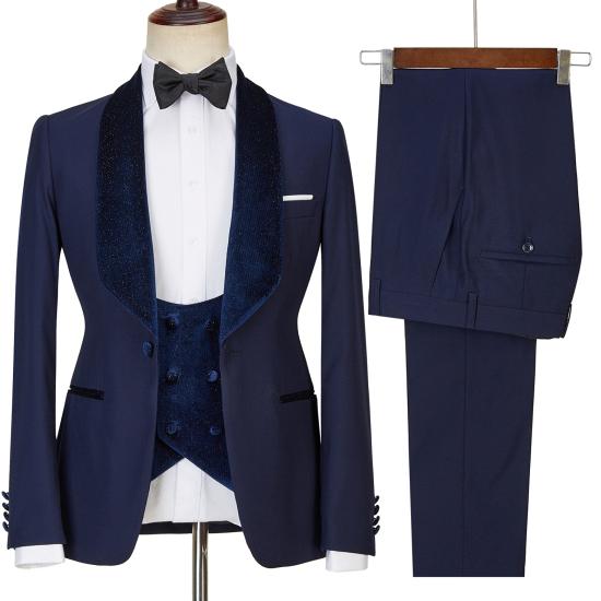 Latest Design Navy Blue Glow Collar Three Piece Set | Men's One Button Wedding Set_5