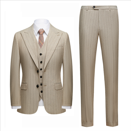 Gentle khaki striped lapel single breasted men's formal business suit_4