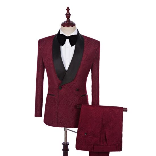 Burgundy Double Breasted Best Fitted Jacquard Wedding Suits | happnessmall_2
