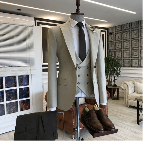Sophia Modern Light Khaki Double Breasted 3-Pieces Business Suits For Men_2