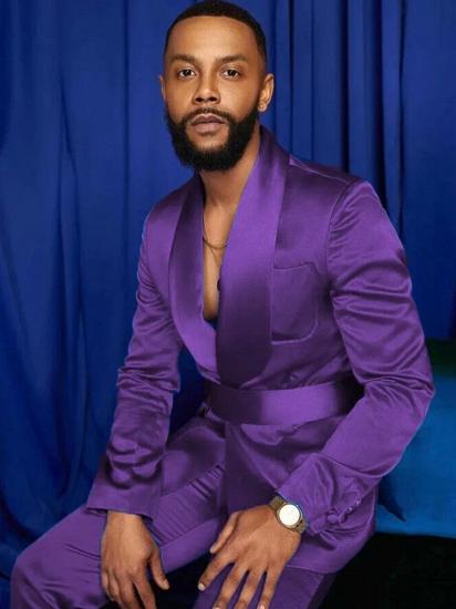 Happnessmall Fashion Purple Silk Shawl Lapel 2 Piece Men's Suit With Belt