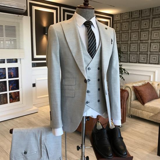 Fenrir Modern Forma Light Gray 3-Pieces Peaked Lapel Double Breasted Waistcoat Business Suits For Men_2