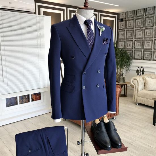 Popular Navy Blue Peaked Lapel Double Breasted Formal Business Men Suits | happnessmall_2