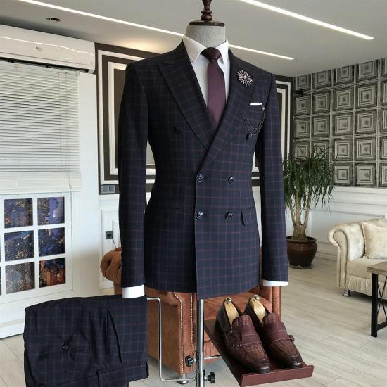 Dimitris Stylish Dark Blue Plaid Double Breasted 3 Flaps Business Suits For Men_2