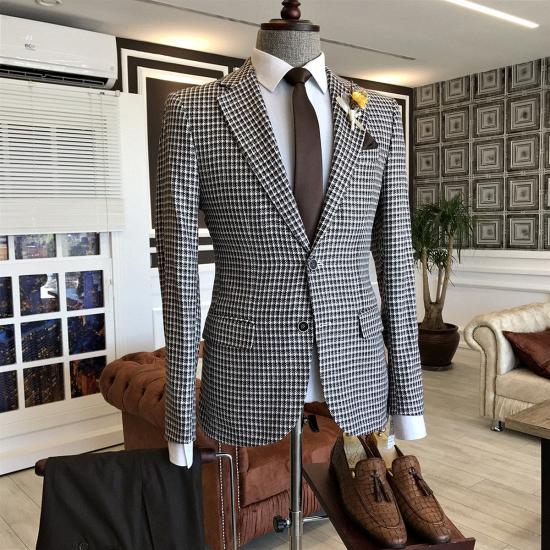 Unique Black Small Plaid Two Button Business Men Suits_2