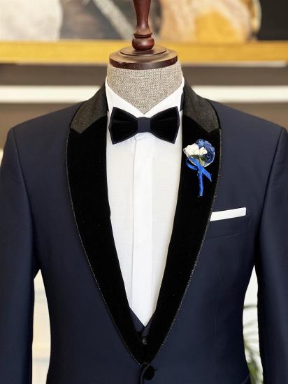 Modern Dark Blue Splicing Shawl Lapel Three Pieces Men Suits | Happnessmall_3