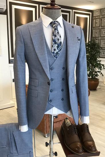 Blitzkrieg Modern Blue Small Plaid Peaked Lapel Slim Fit Business Suits For Men