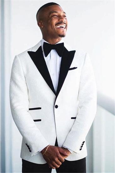 Harper Stylish White Jacquard Peaked Lapel Wedding Groom Suit