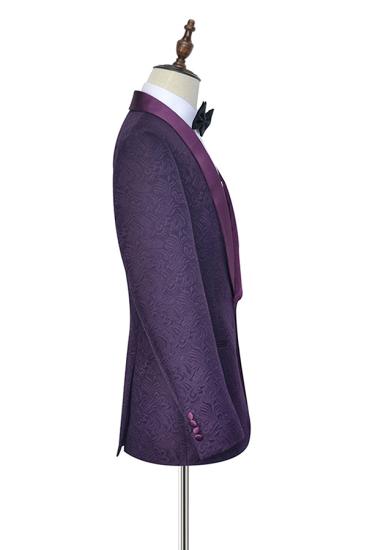 Hamness Dark Purple Silk Shawl Lapel One Button Wedding Tuxedos |  Jacquard Prom Suits For Men_5