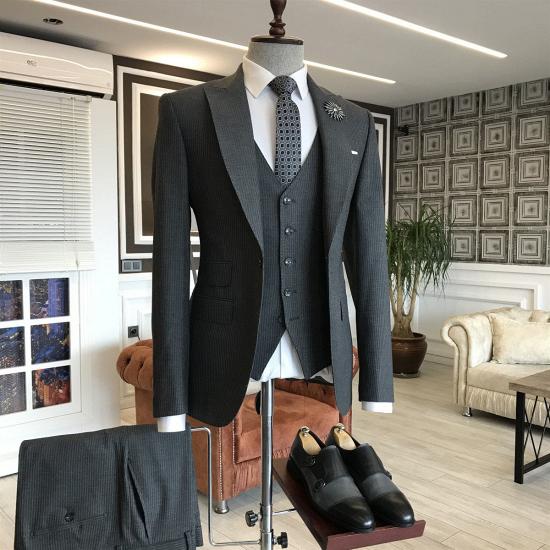 Ronin Classic Black Velvet 3-Pieces Peaked Lapel One Button Men Suits For Business_2