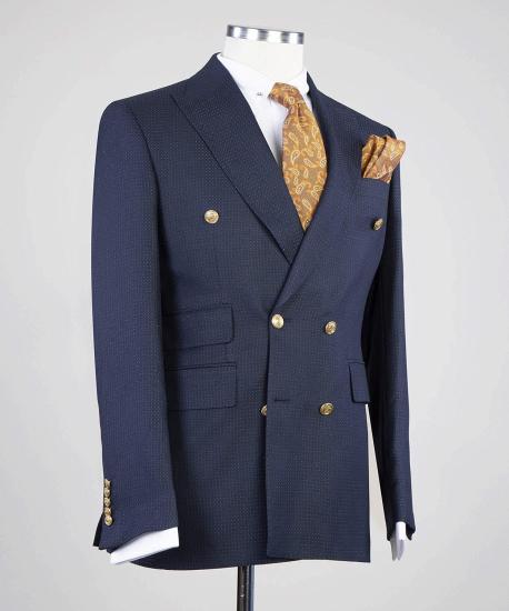 Stylish Navy Peaked Lapel Double Breasted Busibess Men Suits_2