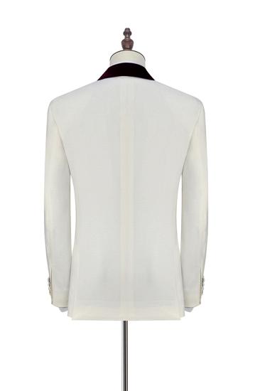 Sullivan Velvet Shawl Collar White Three Piece Wedding Tuxedos with Burgundy Vest_3