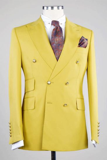 Unique Yellow Peaked Lapel Double Breasted Two Pieces Men Suits_1