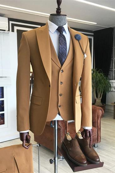 Phoenix Handsome Gold Brown Slim fit Three Pieces Men's Suits_1