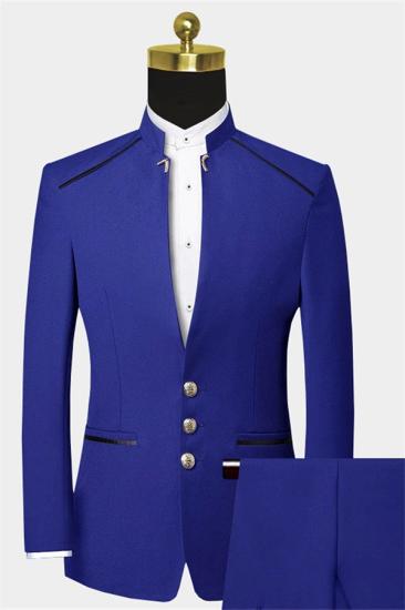 High-Quality Business Blue Mandarin Collar Suits for Men | Bespoke Two Pieces Prom Suits