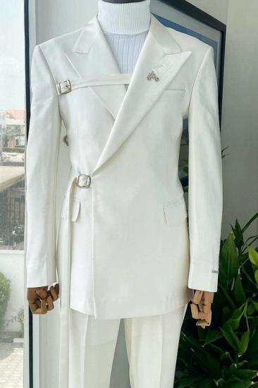 Fashion White Peaked Lapel Two Pieces Prom Suits For Men with Buckle