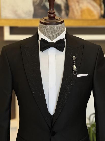 Black Sparkle Peaked Lapel Three Pieces Wedding Men Suits | Happnessmall_2
