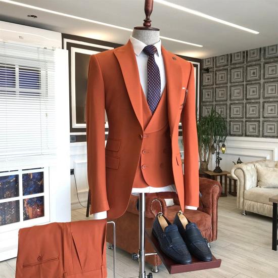 Ethan Smart Coral Red Slim Fit Peaked Lapel Three Piece Men's Suits_2