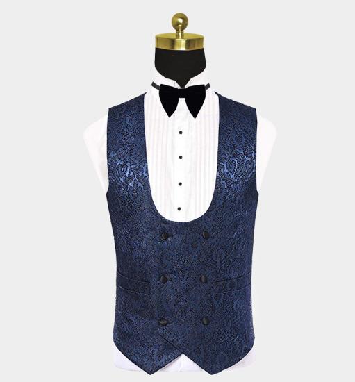 Chic Navy Blue Jacquard Damask Tuxedo | Modern Three Pieces Men Suits_3