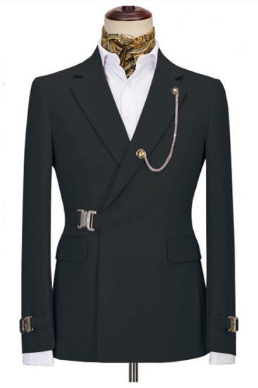 Modern Black Button Notched Lapel Men Suits For Business with Buckle