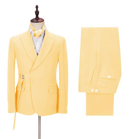 Chic Yellow Peaked Lapel Slim Fit Prom Men Suits With Belt_2