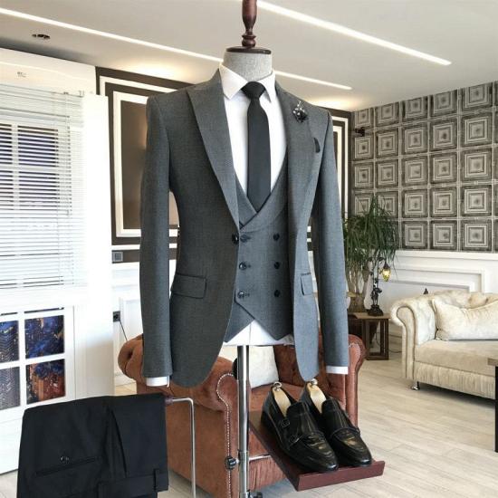 Happnessmall Stylish Dark Gray Small Plaid Peaked Lapel Business Suits For Men_2