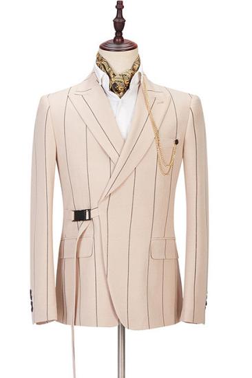 Modern Light Champagne Fashion Striped Peaked Lapel Prom Men Suits
