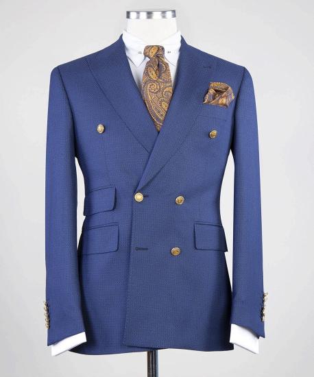 Popular Dark Blue Slim Fit Peaked Lapel Two Pieces Men Suits_3