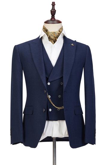 Fashion Dark Blue Three-Piece Fashion Peaked Lapel Wedding Men Suits Sale