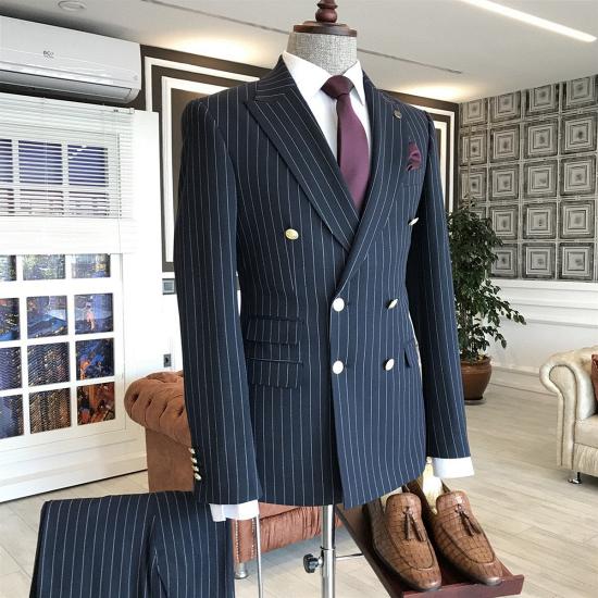 Vasilis Stylish Navy Blue Peaked Lapel Striped Double Breasted Slim Fit Business Men Suits_2