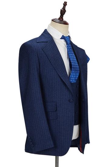 Navy blue notch lapel slim fit formal men's suit with stripes_4