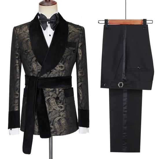 Black Double Breasted Shawl Lapel Jacquard Wedding Suits | Banquet Prom Suit With Belt_2